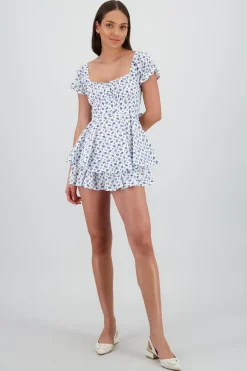 Shasa Ruffled Floral Romper with Embroidered Details