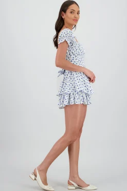 Shasa Ruffled Floral Romper with Embroidered Details