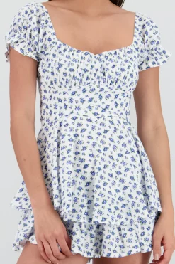 Shasa Ruffled Floral Romper with Embroidered Details