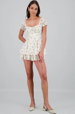 Shasa Ruffled Romper with Floral Lurex Stripes
