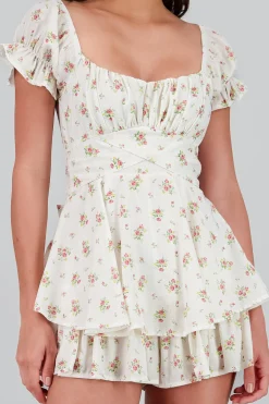 Shasa Ruffled Romper with Floral Lurex Stripes