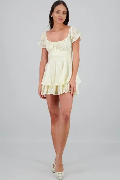 Shasa Ruffled Textured Romper with Floral Embroidery