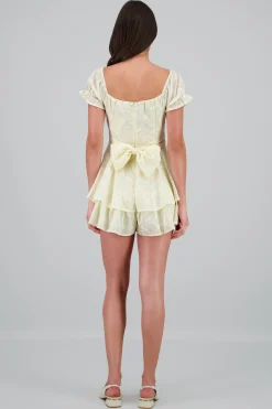 Shasa Ruffled Textured Romper with Floral Embroidery