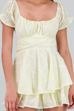 Shasa Ruffled Textured Romper with Floral Embroidery