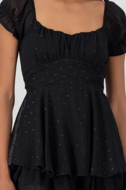 Shasa Shiny Lurex Polka Dot Patterned Short Sleeve Mini Dress