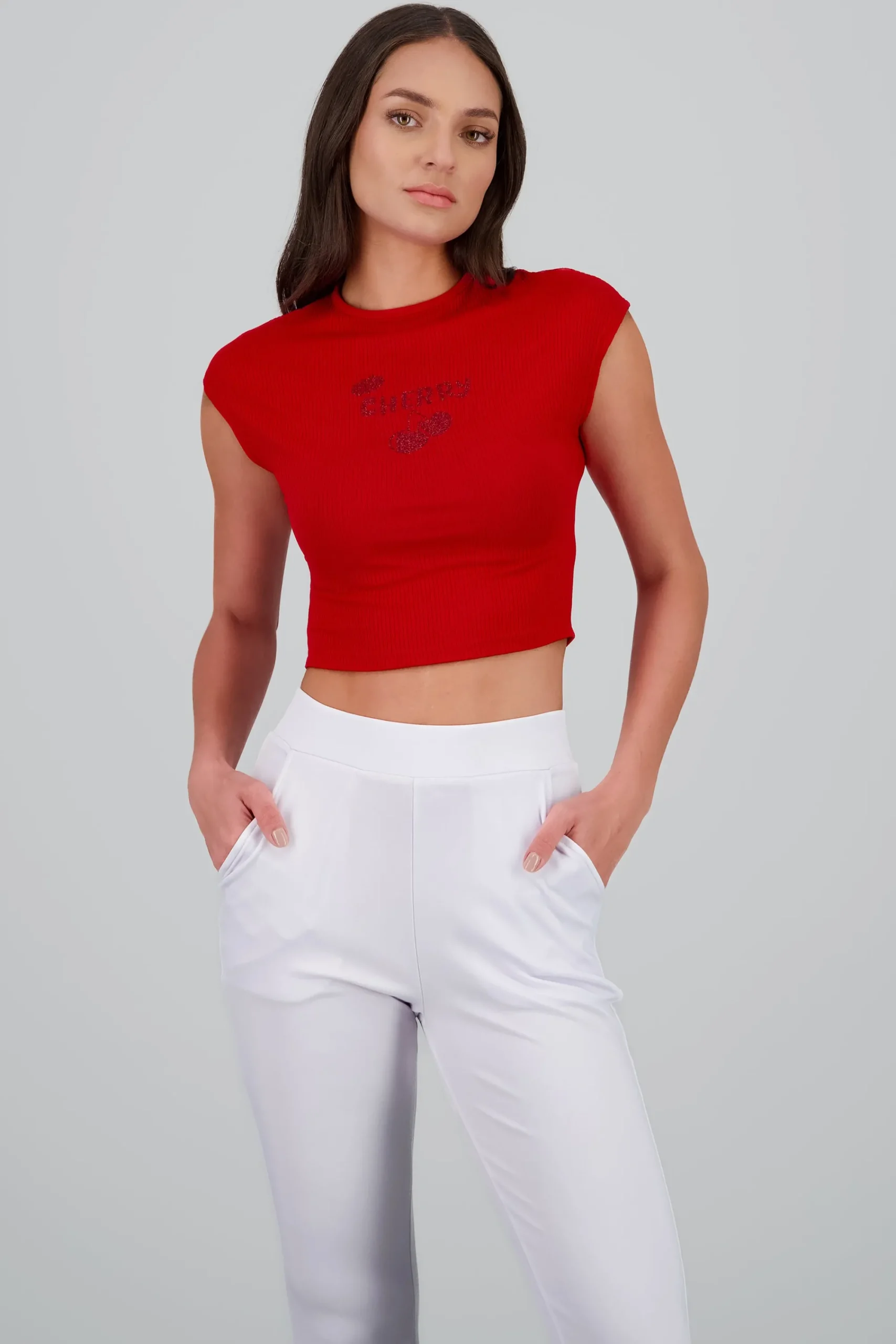 Shasa Short Sleeve Cropped Cherry Print Top
