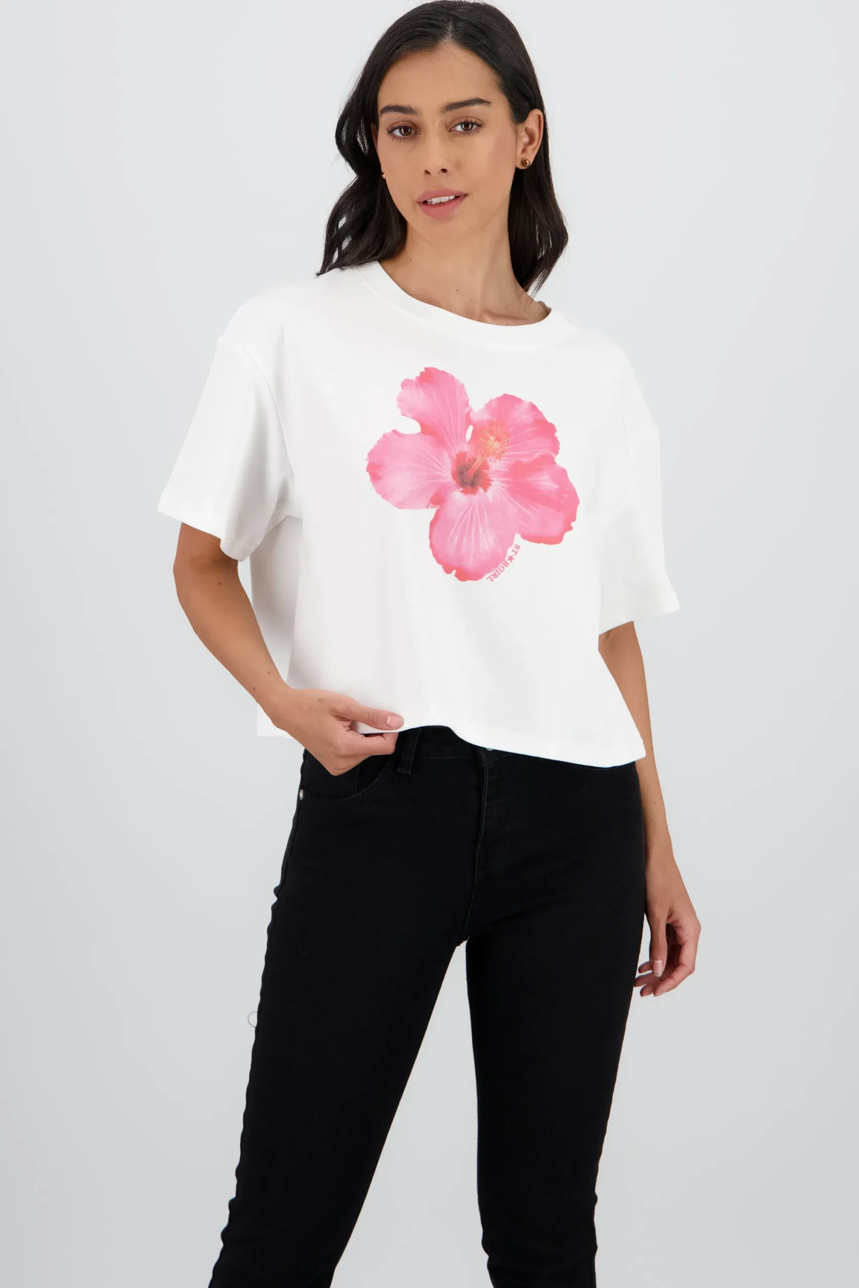 Shasa Short Sleeve Cropped T Shirt with Floral Print