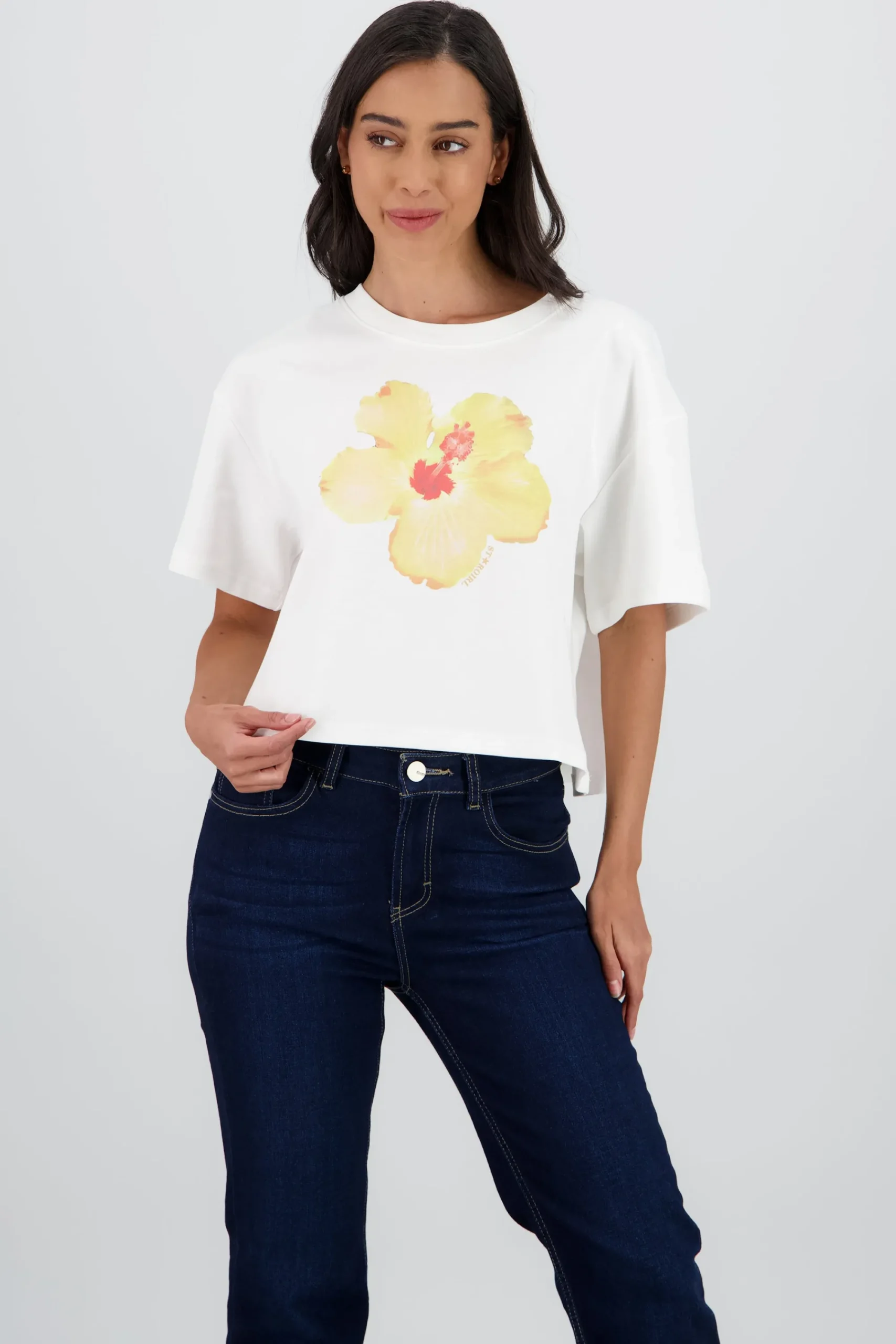 Shasa Short Sleeve Cropped T Shirt with Floral Print