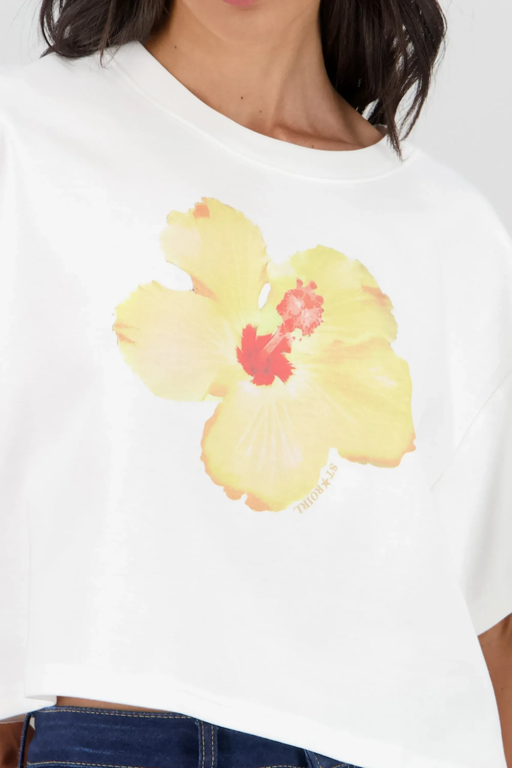 Shasa Short Sleeve Cropped T Shirt with Floral Print