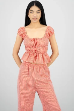 Shasa Short Sleeve Plaid Blouse with Bow Detail