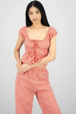 Shasa Short Sleeve Plaid Blouse with Bow Detail