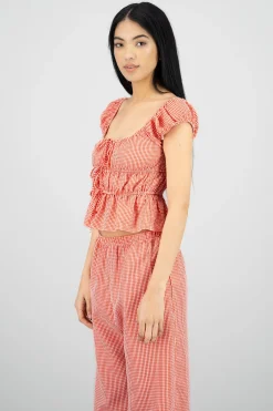 Shasa Short Sleeve Plaid Blouse with Bow Detail