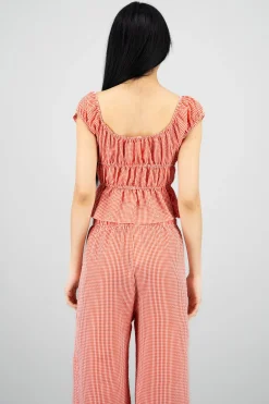 Shasa Short Sleeve Plaid Blouse with Bow Detail