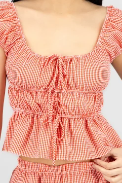 Shasa Short Sleeve Plaid Blouse with Bow Detail