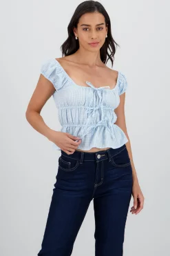 Shasa Short Sleeve Plaid Blouse with Bow Detail
