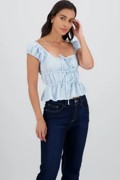 Shasa Short Sleeve Plaid Blouse with Bow Detail