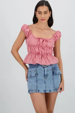 Shasa Short Sleeve Plaid Blouse with Bow Detail