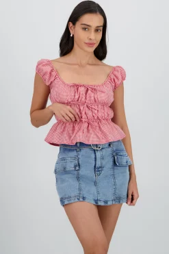 Shasa Short Sleeve Plaid Blouse with Bow Detail