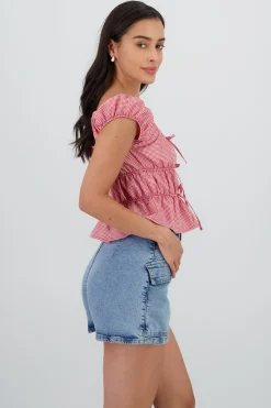 Shasa Short Sleeve Plaid Blouse with Bow Detail
