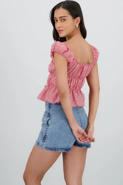 Shasa Short Sleeve Plaid Blouse with Bow Detail