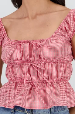 Shasa Short Sleeve Plaid Blouse with Bow Detail