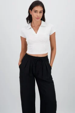 Shasa Short Sleeve Polo Neck Textured Top
