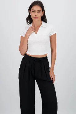 Shasa Short Sleeve Polo Neck Textured Top