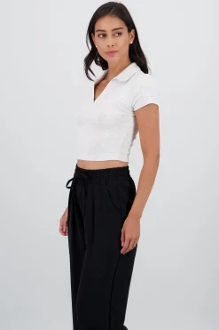Shasa Short Sleeve Polo Neck Textured Top