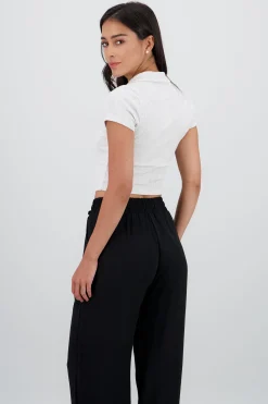 Shasa Short Sleeve Polo Neck Textured Top