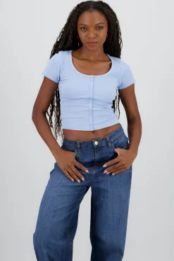 Shasa Short Sleeve Ribbed Top with Buttons