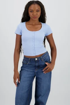 Shasa Short Sleeve Ribbed Top with Buttons