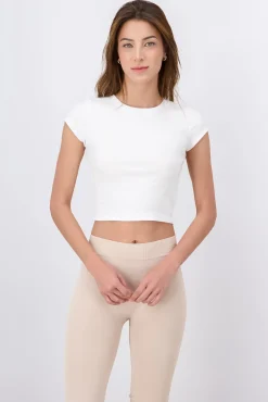 Shasa Short Sleeve Round Neck Rib Crop Top