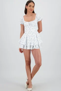 Shasa Short Sleeve Ruffled Floral Print Romper