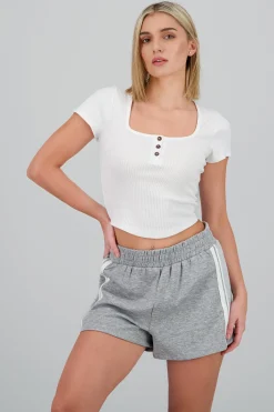 Shasa Short Sleeve Square Neck Buttoned Top