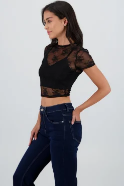 Shasa Short Sleeve Top with Mesh Lace