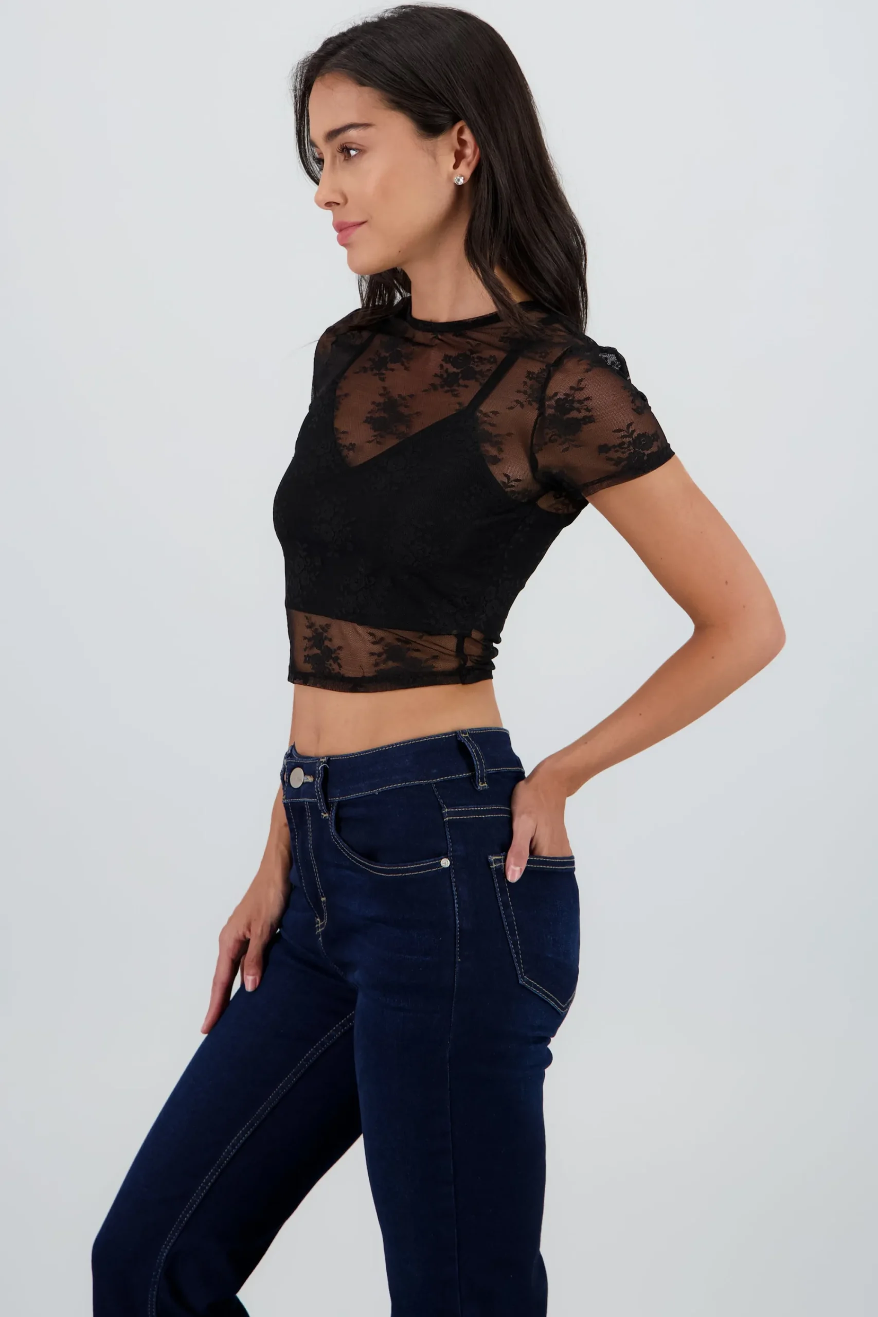 Shasa Short Sleeve Top with Mesh Lace