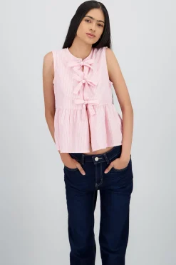 Shasa Sleeveless Blouse with Ruffle and Bow Details