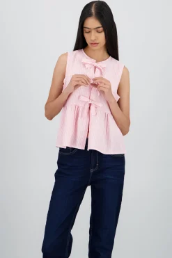 Shasa Sleeveless Blouse with Ruffle and Bow Details