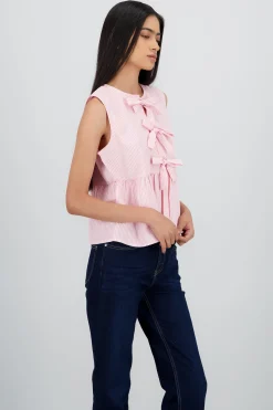Shasa Sleeveless Blouse with Ruffle and Bow Details