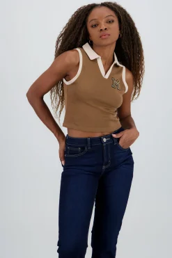 Shasa Sleeveless Polo Neck Top with Embroidery Detail