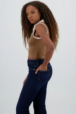 Shasa Sleeveless Polo Neck Top with Embroidery Detail