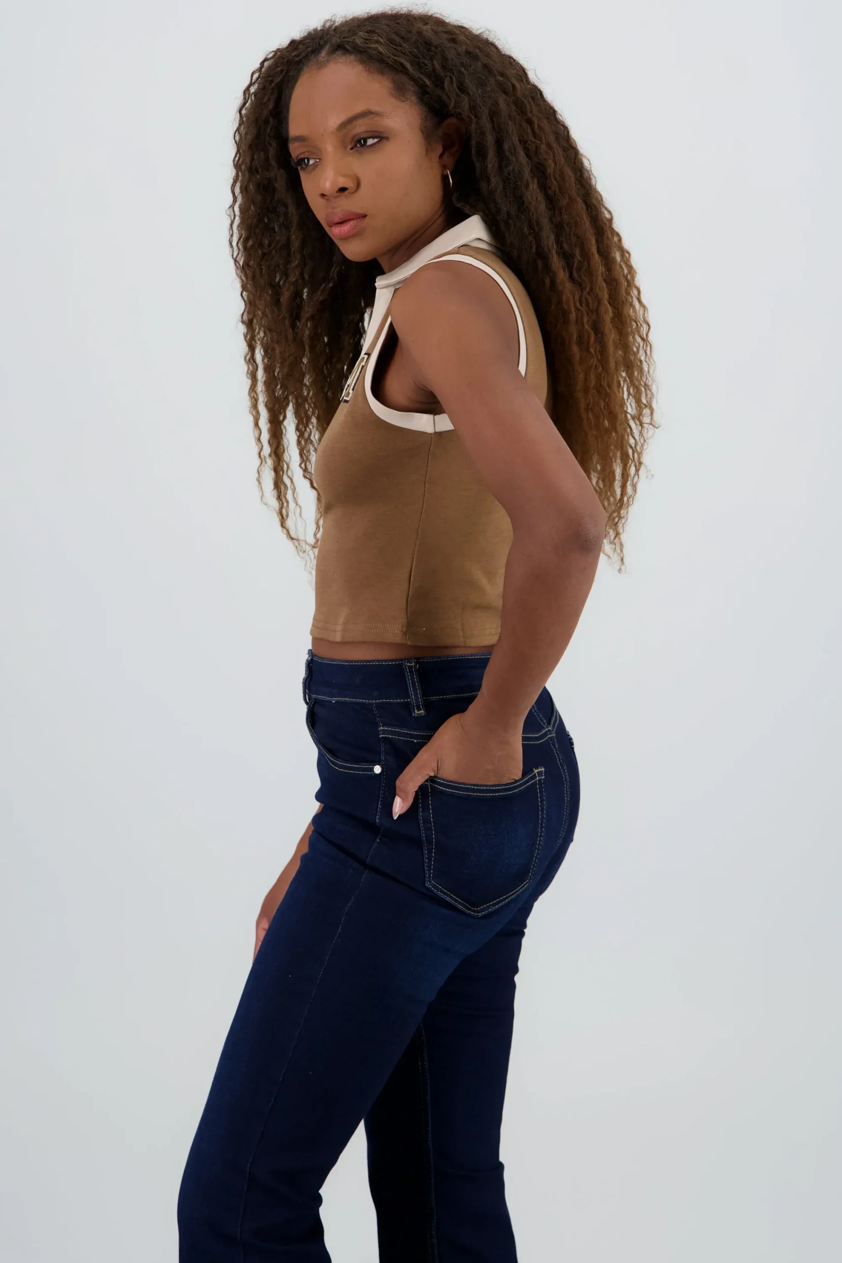 Shasa Sleeveless Polo Neck Top with Embroidery Detail