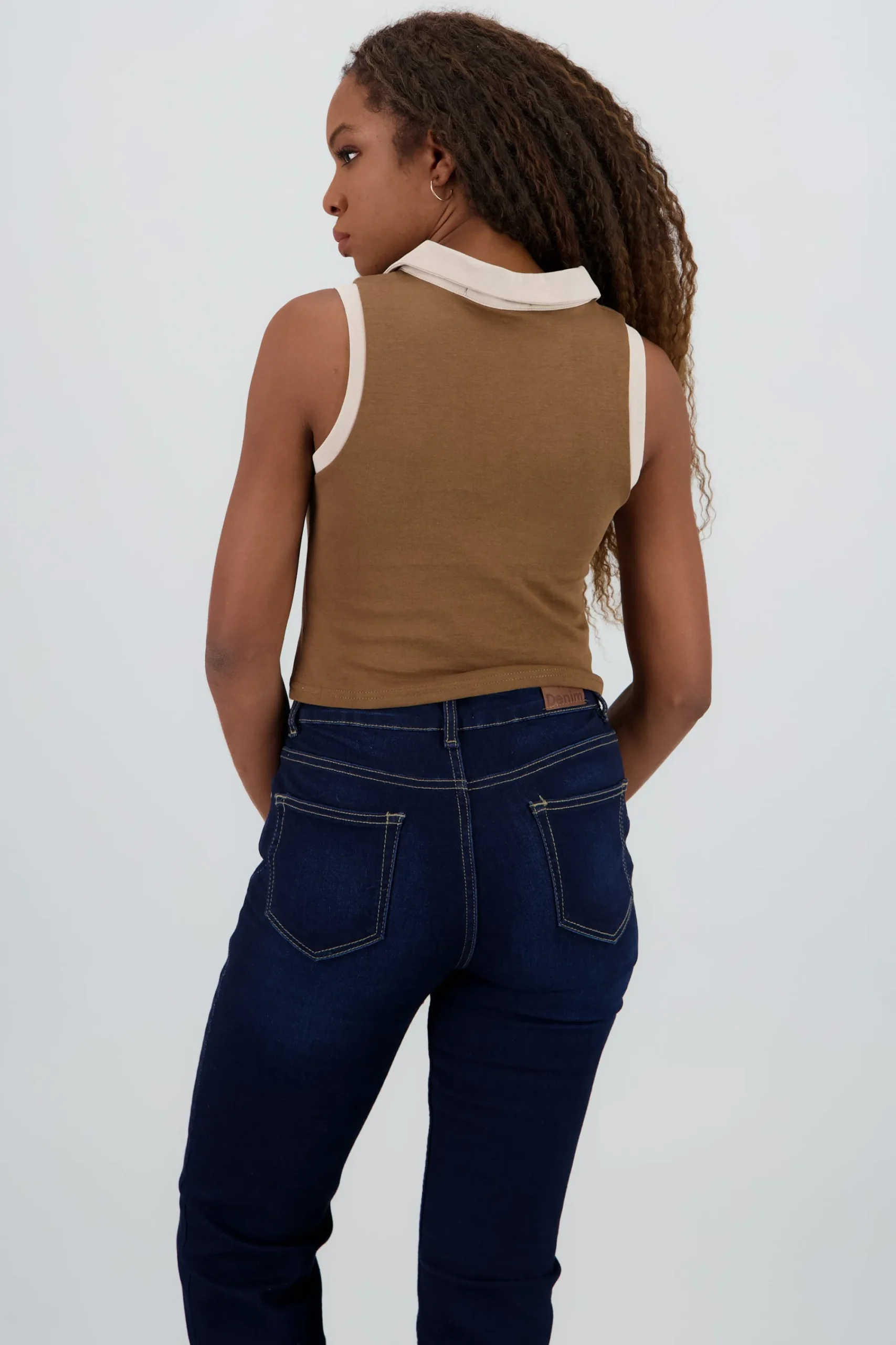Shasa Sleeveless Polo Neck Top with Embroidery Detail