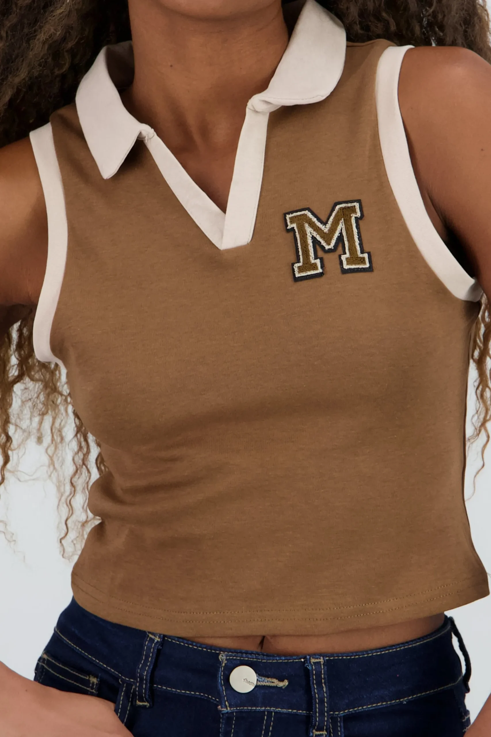 Shasa Sleeveless Polo Neck Top with Embroidery Detail