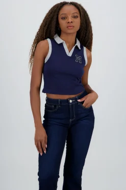 Shasa Sleeveless Polo Neck Top with Embroidery Detail