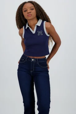 Shasa Sleeveless Polo Neck Top with Embroidery Detail