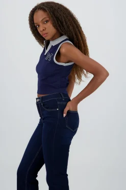 Shasa Sleeveless Polo Neck Top with Embroidery Detail