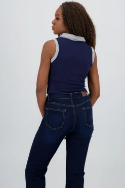 Shasa Sleeveless Polo Neck Top with Embroidery Detail