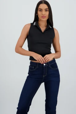 Shasa Sleeveless Polo Neck Top with Contrast