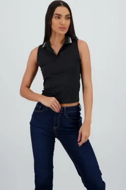 Shasa Sleeveless Polo Neck Top with Contrast